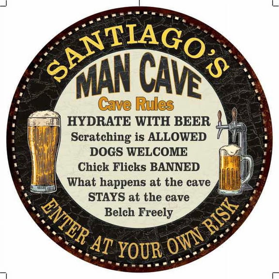 SANTIAGO'S Man Cave Rules 14" Round Metal Sign Garage Wall Decor 100140010482