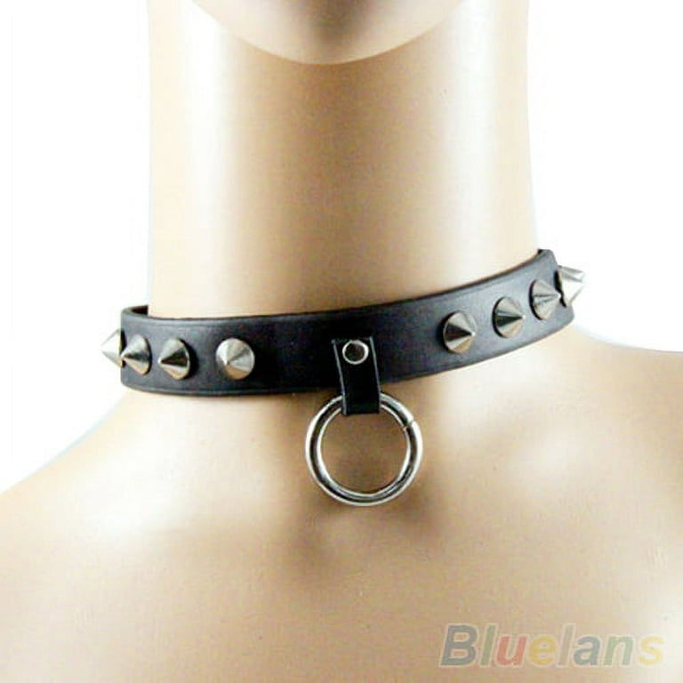 Men's Womens Punk Gothic Black Leather Choker Spike Rivet O Ring Collar  Necklace