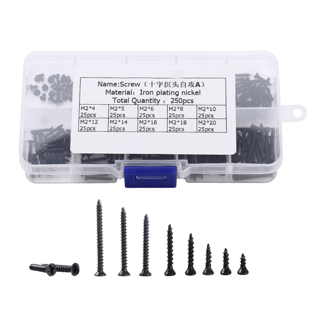 SANWOOD Screw Kit 250Pcs Iron M2 Cross Head Countersunk Self Tapping