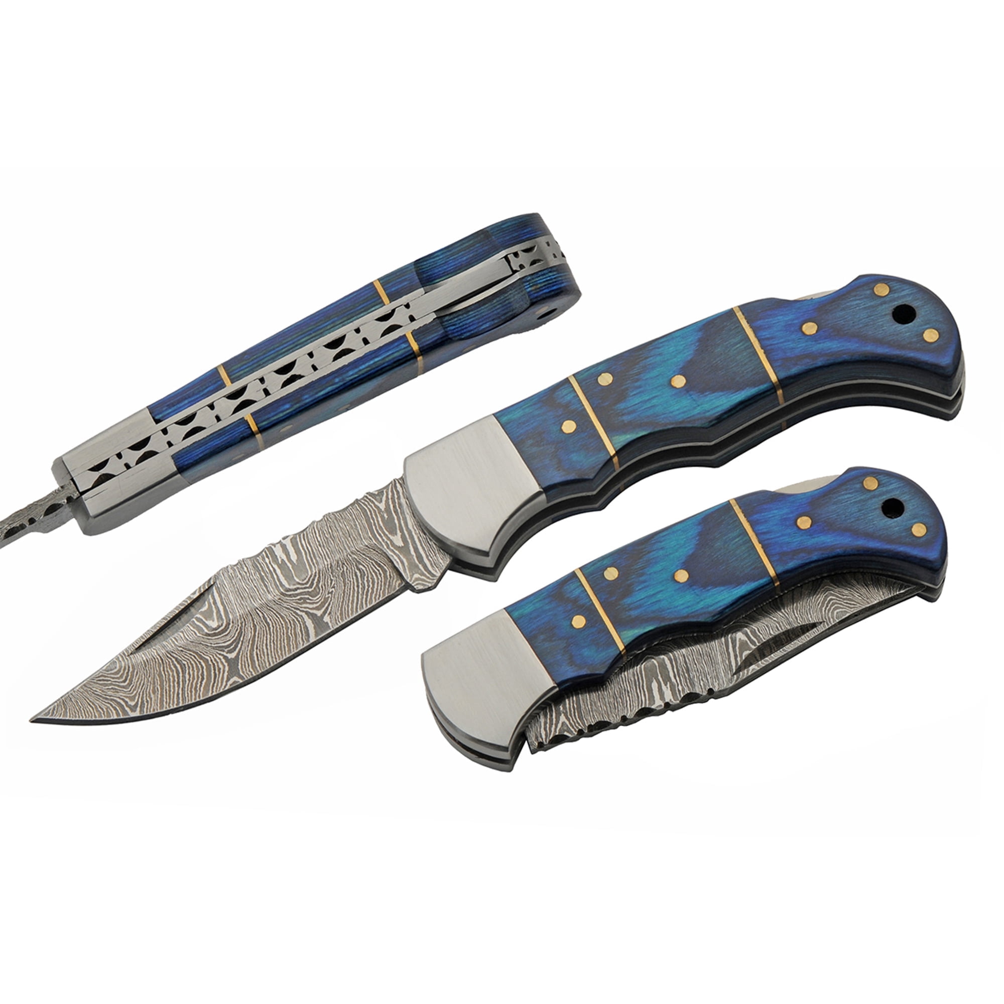 SANZ 3.75 Inch Blue Wood Folding Pocket Knife with Damascus Blade Steel Bolster Filework and Lanyard Hole Everyday Carry Folder