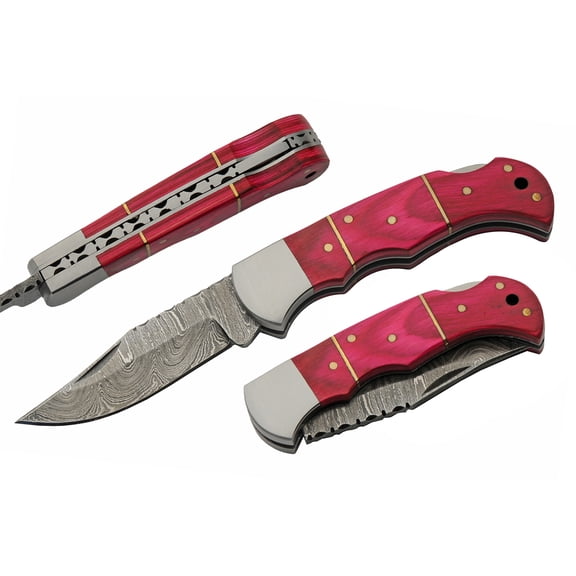SANZ 3.75 Inch Closed Folding Decorative Knife Damascus Blade Pink Wood Handle Steel Bolster with Lanyard Hole