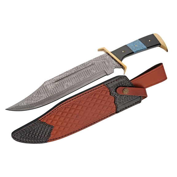 SANZ Azure Wave 17 Inch Decorative Display Bowie Knife Damascus Steel Blade Black & Turquoise Handle with Leather Sheath