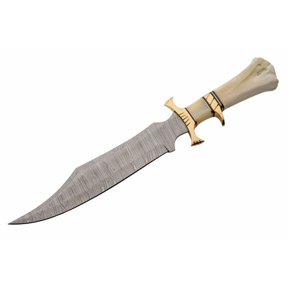SANZ Bone Collector 16 Inch Decorative Bowie Knife Damascus Steel Blade Camel Bone Handle with Leather Sheath
