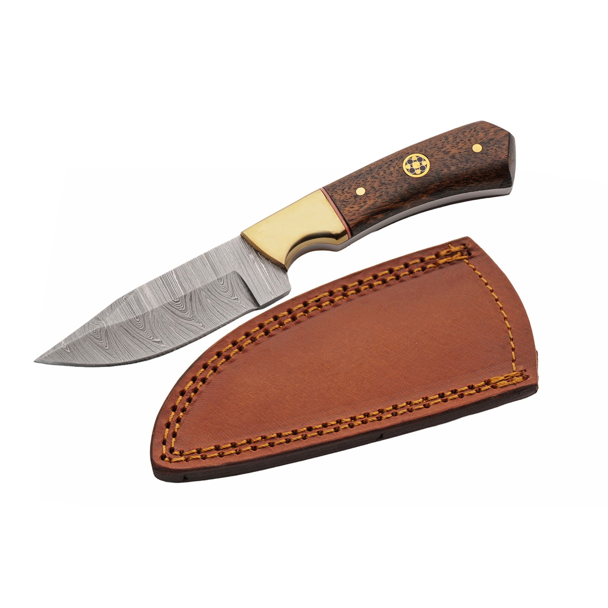 SANZ 6.5 Inch Bronze Baron Skinner Knife Damascus Blade Walnut Handle Full Tang Outdoor Hunting Knife With Leather Sheath Filework Design