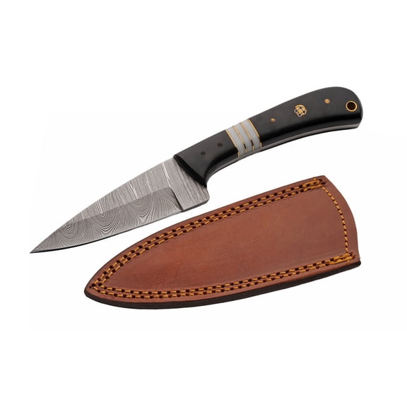SANZ Dark Mosaic 8.5 Inch Decorative Display Knife Damascus Pattern Blade Micarta Handle with Leather Sheath