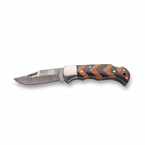 SANZ Forge & Iron Tide 3.75 Inch Closed Folding Knife Damascus Pattern Blade Wood Handle with Lanyard Hole