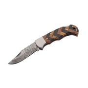 SANZ Forge & Midnight 3.75 Inch Folding Utility Knife with Damascus Pattern Blade and Wood Handle