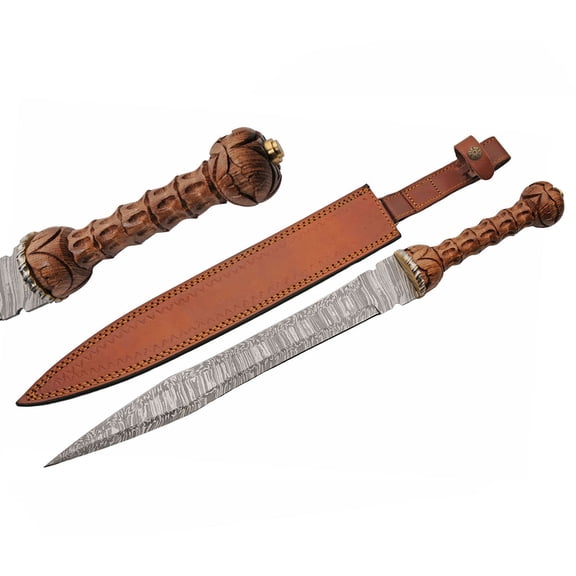 SANZ Grooved Wood 23 Inch Utility Sword with Damascus Pattern Blade and Carved Wood Handle