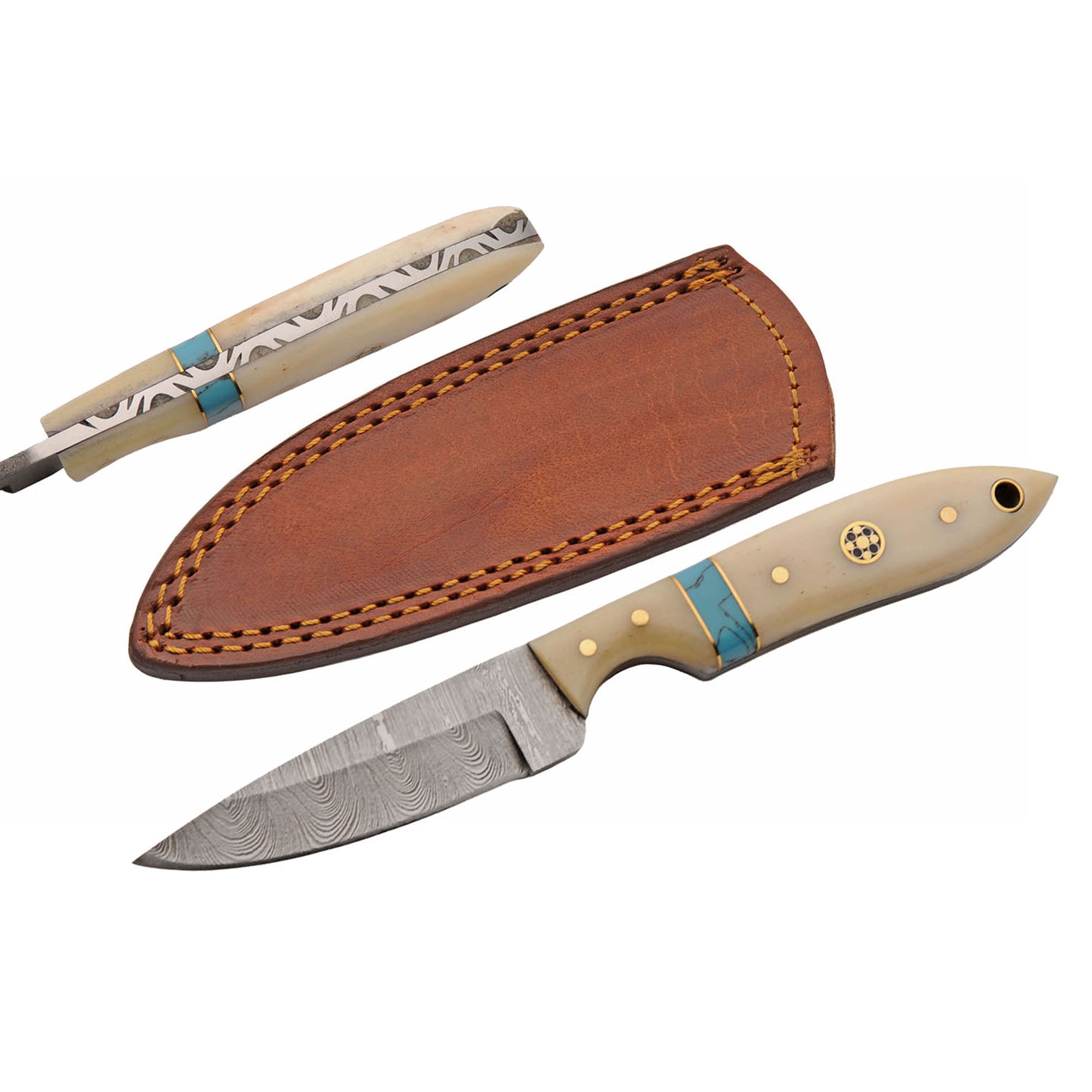 SANZ Tooth Bone 7.25 Inch Decorative Display Utility Knife Damascus Pattern Blade Bone Handle with Leather Sheath