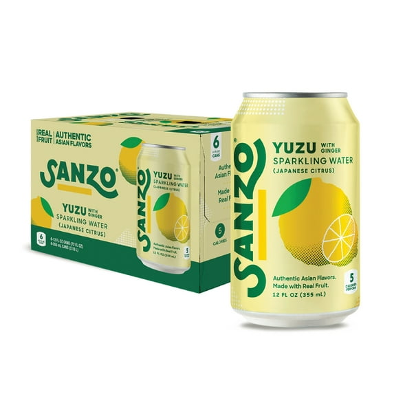 Sanzo Yuzu Lemon Sparkling Water, No Artificial Flavors, 12 fl oz, 6 Pack Cans