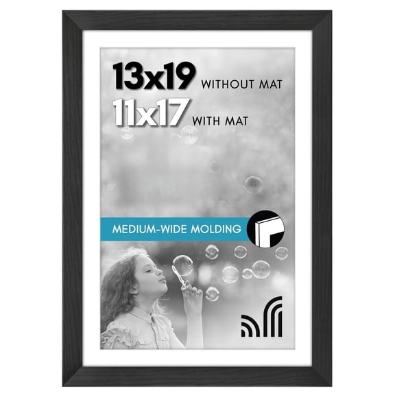 SAOIRSES 13x19 Poster Frame - Black Engineered Wood with Shatter-Resistant Glass - Matted to 11x17 Photo Size - Hudson Collection for Wall Display