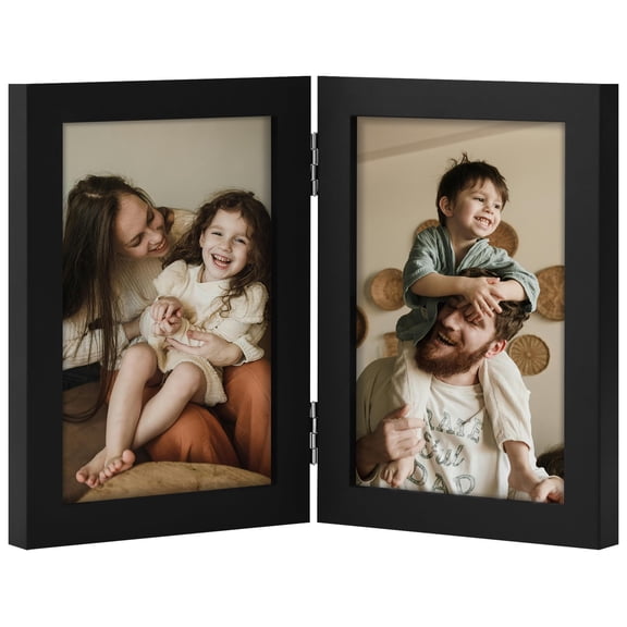 SAOIRSES Double 4x6 Picture Frame Vertical, Engineered Wood Bifold Photo Frame with Plexiglass for Tabletop Display, 4x6, Black