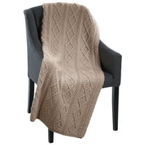 SAOL 100% Merino Wool Aran Cable Knitted Throw Blanket 40in x 60in Oatmeal Color Made in Ireland