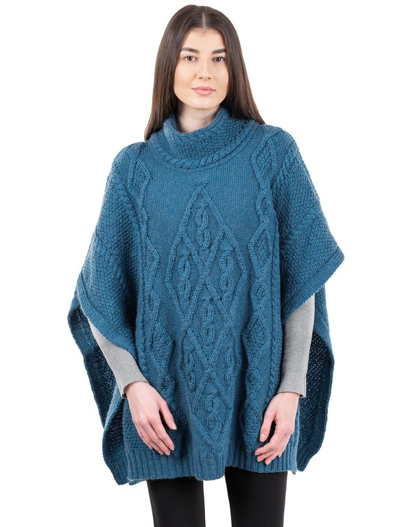 100% Merino Wool Aran Cowl Neck Knitted Poncho Irish Cape from Ireland