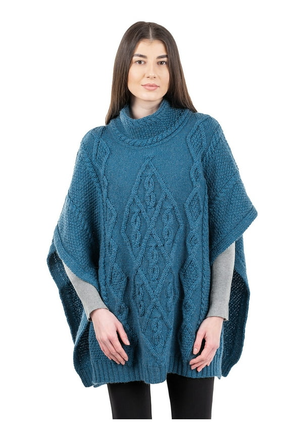 100% Merino Wool Aran Cowl Neck Knitted Poncho Irish Cape from Ireland