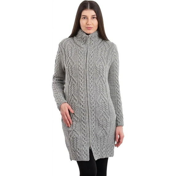 SAOL 100% Merino Wool Aran Irish Cardigan for Women with Pockets, Standing Neck and Celtic Zipper