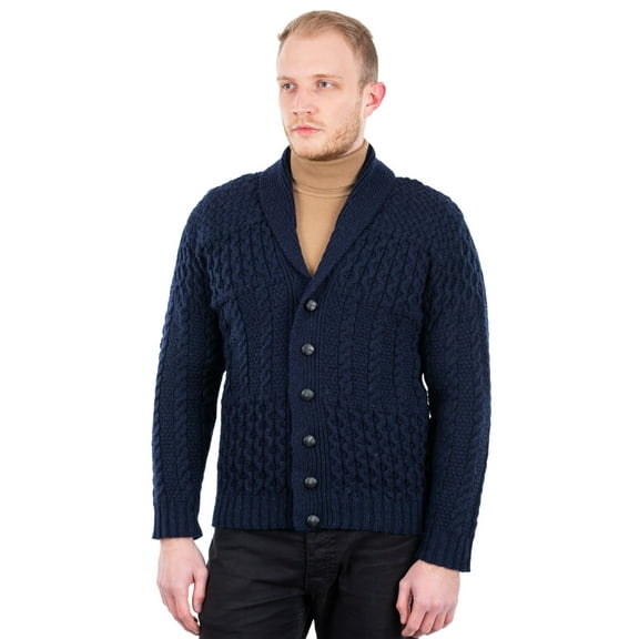 SAOL 100% Merino Wool Aran Men's Shawl Collar Cardigan Sweater Cable Knit Jacket Made in Ireland