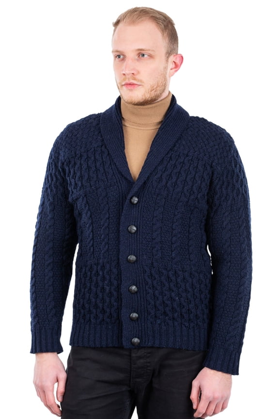 100% Merino Wool Aran Men's Shawl Collar Cardigan Sweater Cable Knit Jacket Made in Ireland
