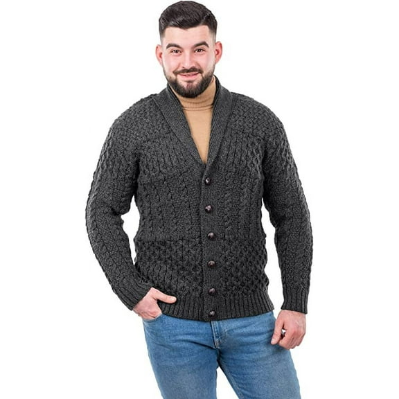 SAOL 100% Merino Wool Aran Men's Shawl Collar Cardigan Sweater Cable Knit Jacket Made in Ireland