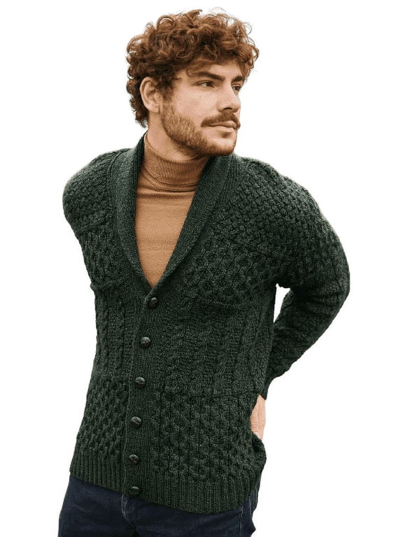 100% Merino Wool Aran Men's Shawl Collar Cardigan Sweater Cable Knit Jacket Made in Ireland