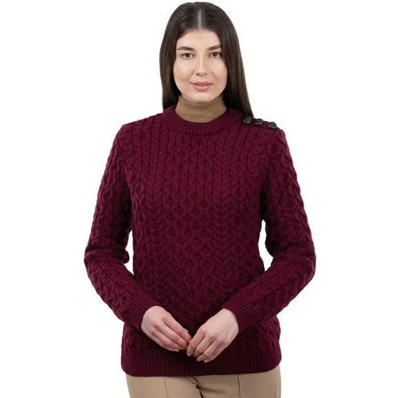SAOL 100% Merino Wool Aran Women's Irish Cable Knit Sweater Fisherman Side Button Fit Pullover Made in Ireland