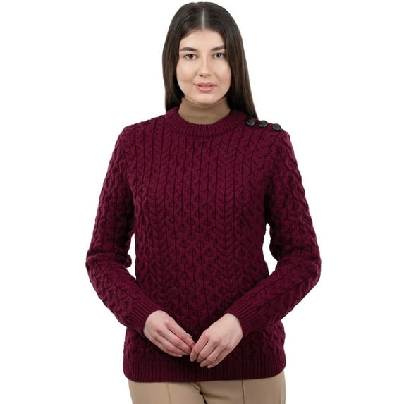 SAOL 100% Merino Wool Aran Women's Irish Cable Knit Sweater Fisherman Side Button Fit Pullover Made in Ireland