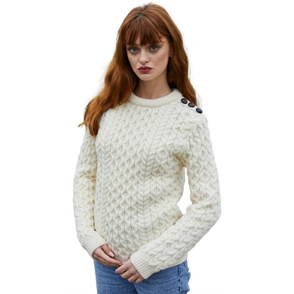SAOL 100% Merino Wool Aran Women's Irish Cable Knit Sweater Fisherman Side Button Fit Pullover Made in Ireland