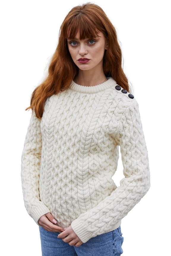 100% Merino Wool Aran Women's Irish Cable Knit Sweater Fisherman Side Button Fit Pullover Made in Ireland