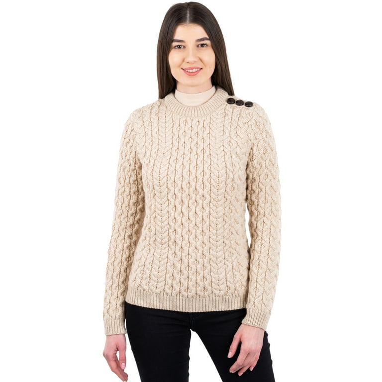 SAOL 100 Merino Wool Aran Women s Irish Cable Knit Sweater Fisherman Side Button Fit Pullover Made in Ireland Walmart