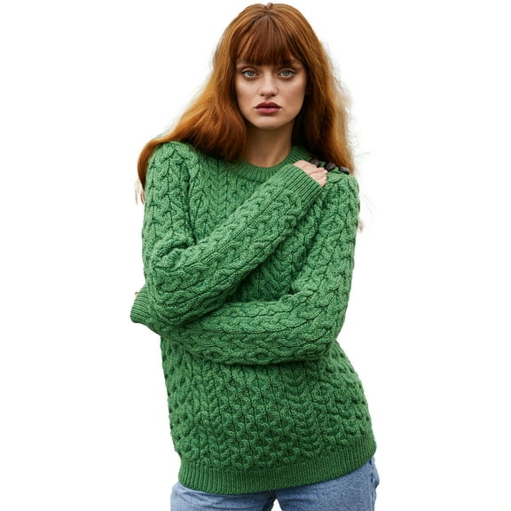 SAOL 100% Merino Wool Aran Women's Irish Cable Knit Sweater Fisherman Side Button Fit Pullover Made in Ireland