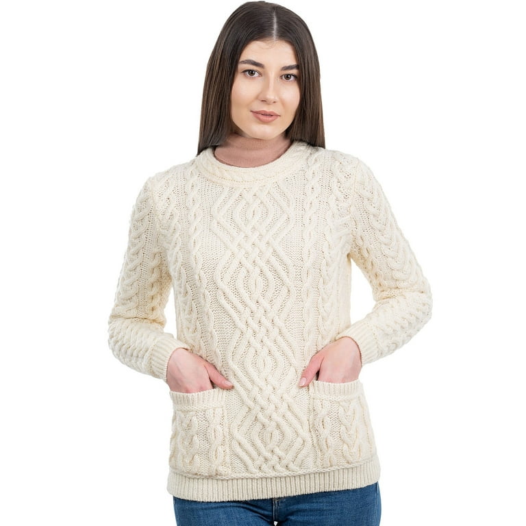 Aran Irish Womens Natural Wool Sweater Cable Knit Traditional Fisherman  Pullover