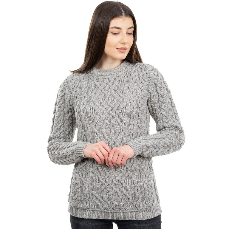SAOL 100 Merino Wool Aran Women s Sweater Fisherman Cable Knit Irish Pullover with Pockets Made in Ireland Walmart
