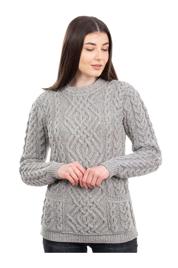 100% Merino Wool Aran Women's Sweater Fisherman Cable Knit Irish Pullover with Pockets Made in Ireland