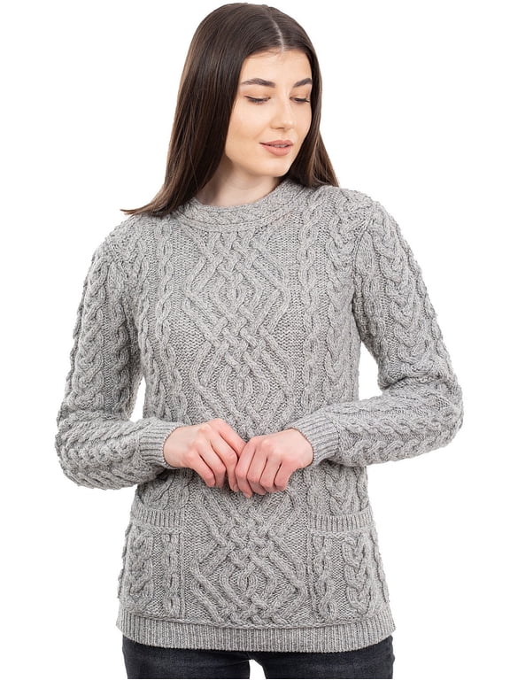 100% Merino Wool Aran Women's Sweater Fisherman Cable Knit Irish Pullover with Pockets Made in Ireland