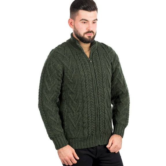SAOL 100% Merino Wool Cable Knit Zip Cardigan Sweater with Pockets Men's Winter Warm Irish Fisherman Pullover