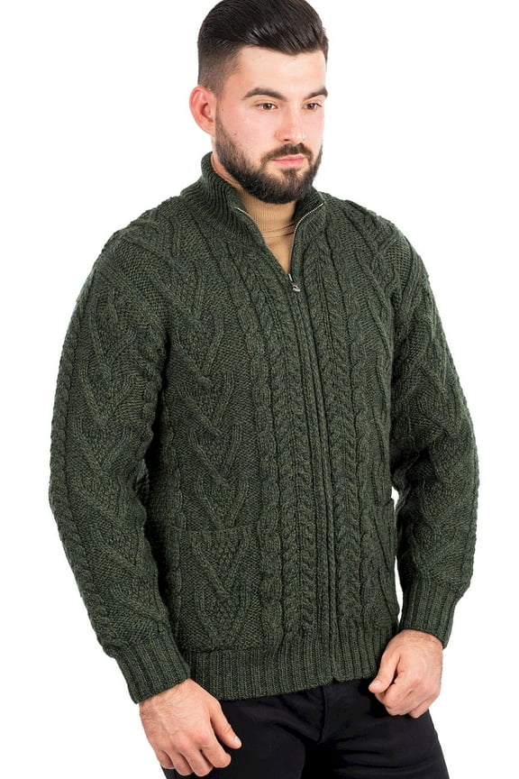 100% Merino Wool Cable Knit Zip Cardigan Sweater with Pockets Men's Winter Warm Irish Fisherman Pullover