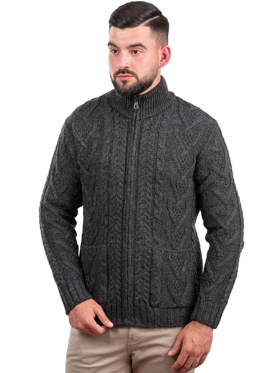 100% Merino Wool Cable Knit Zip Cardigan Sweater with Pockets Men's Winter Warm Irish Fisherman Pullover