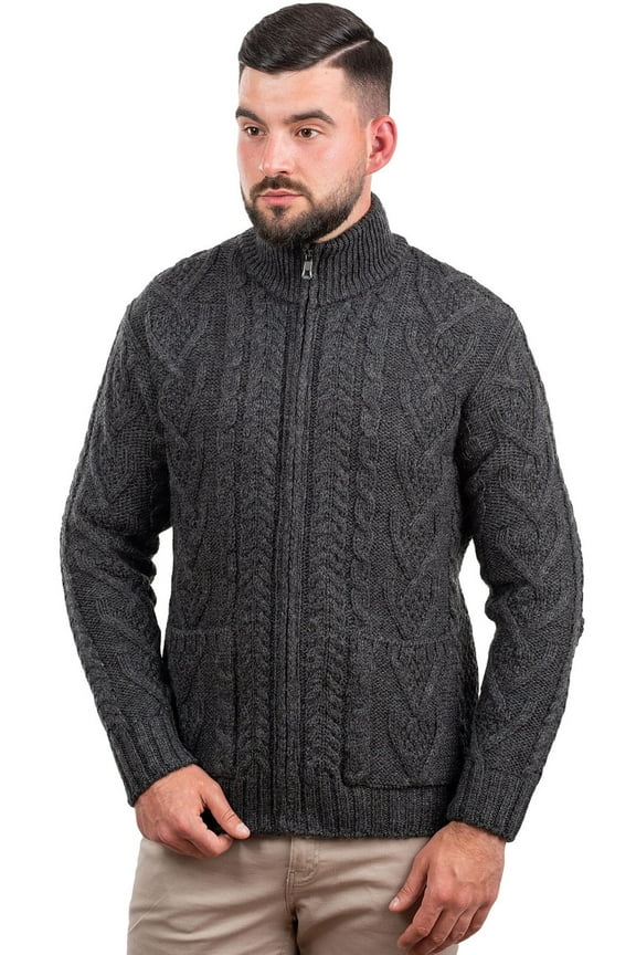 100% Merino Wool Cable Knit Zip Cardigan Sweater with Pockets Men's Winter Warm Irish Fisherman Pullover