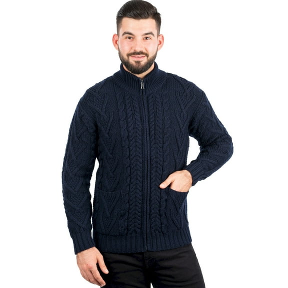 SAOL 100% Merino Wool Cable Knit Zip Cardigan Sweater with Pockets Men's Winter Warm Irish Fisherman Pullover