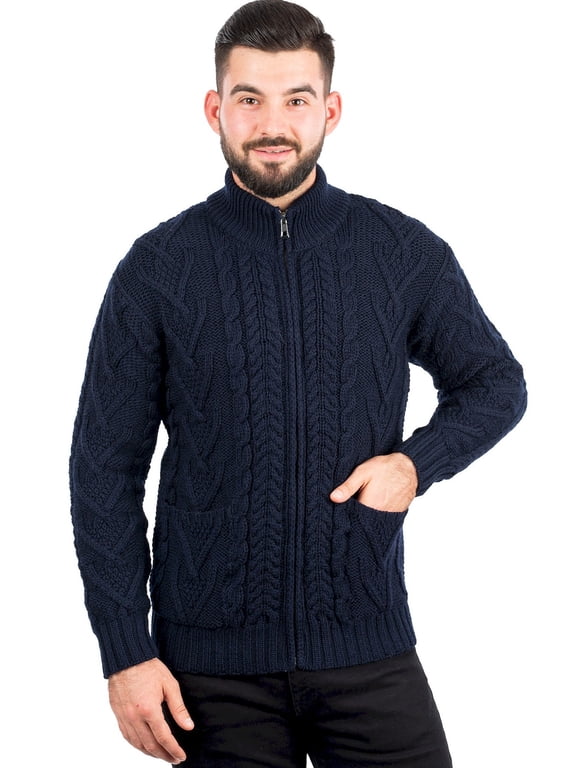 100% Merino Wool Cable Knit Zip Cardigan Sweater with Pockets Men's Winter Warm Irish Fisherman Pullover