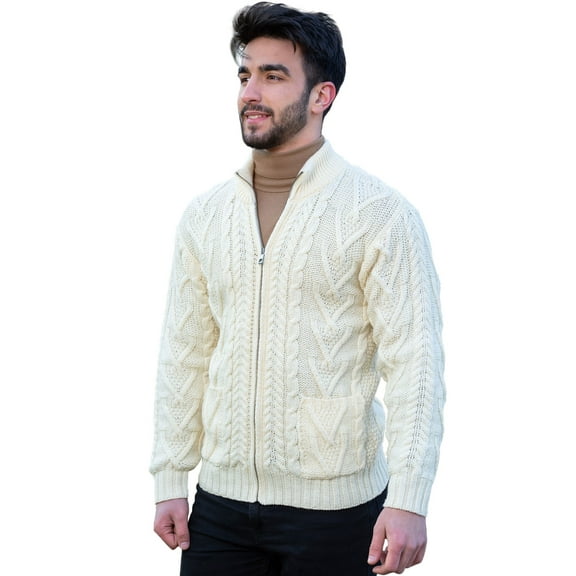 SAOL 100% Merino Wool Cable Knit Zip Cardigan Sweater with Pockets Men's Winter Warm Irish Fisherman Pullover
