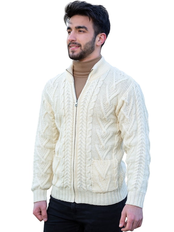 100% Merino Wool Cable Knit Zip Cardigan Sweater with Pockets Men's Winter Warm Irish Fisherman Pullover