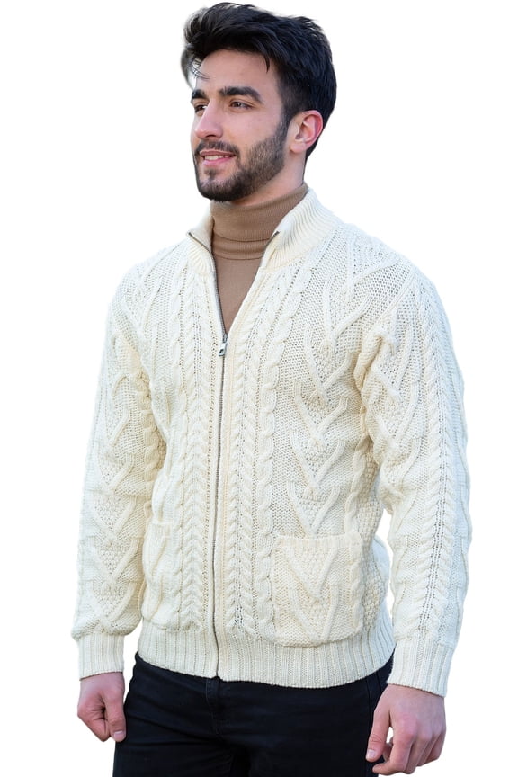100% Merino Wool Cable Knit Zip Cardigan Sweater with Pockets Men's Winter Warm Irish Fisherman Pullover