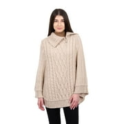 SAOL 100% Merino Wool Cowl Neck Celtic Zip Poncho Cable Knitted Irish Cape