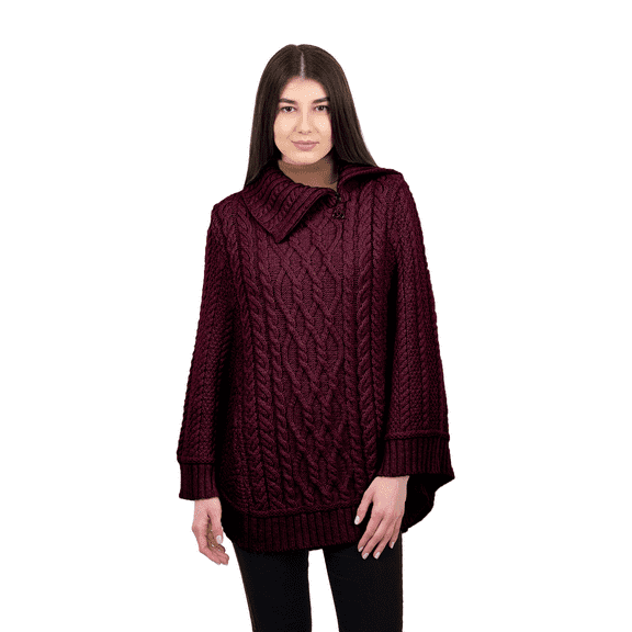 SAOL 100% Merino Wool Cowl Neck Celtic Zip Poncho Cable Knitted Irish Cape