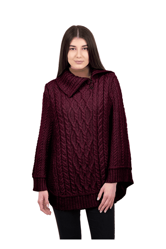 100% Merino Wool Cowl Neck Celtic Zip Poncho Cable Knitted Irish Cape