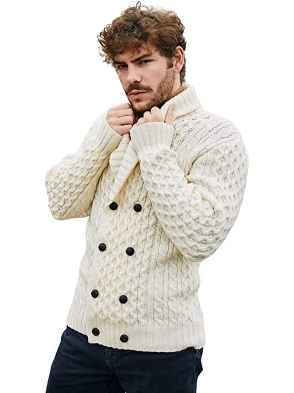 100% Merino Wool Double Breasted Shawl Irish Cardigan Sweater Men's Cable Knit Aran Buttons Sweater Made in Ireland