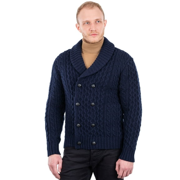 SAOL 100% Merino Wool Double Breasted Shawl Irish Cardigan Sweater Men's Cable Knit Aran Buttons Sweater Made in Ireland