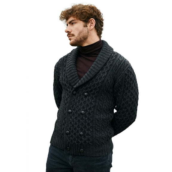 SAOL 100% Merino Wool Double Breasted Shawl Irish Cardigan Sweater Men's Cable Knit Aran Buttons Sweater Made in Ireland