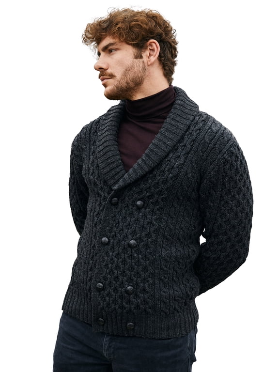 100% Merino Wool Double Breasted Shawl Irish Cardigan Sweater Men's Cable Knit Aran Buttons Sweater Made in Ireland